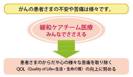 がん患者さんの不安や苦痛は様々です。患者さんのからだや心の様々な苦痛を取り除き、生活・生命の質の向上に努めるよう、緩和ケアチーム医療によりみんなで支えます。