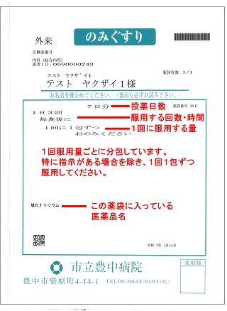 【薬袋の表記例の説明（秤量散剤（予包剤を除く）の場合）】枠の中の上より、例と説明。「7日分」=『投薬日数』。「1日3回、毎食後に」=『服用する回数・時間』。「1回に一包ずつおのむ下さい」=『1回に服用する量（1回服用量ごとに分包しています。特に指示がある場合を除き、1回1包ずつ服用して下さい。）』。「塩化ナトリウム」=『この薬袋に入っている医薬品名』。