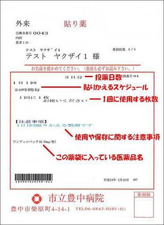 【薬袋の表記例の説明（貼付剤（1日1回タイプ）の場合）】枠の中の上より、例と説明。「3日分」=『投薬日数』。「1日1回、24時間毎」=『貼りかえるスケジュール』。「1回に1枚お使いください」=『1回に使用する枚数』。「【注意事項】1日1回貼りかえる製剤です」=『使用や保存に関する注意事項』。「ワンデュロパッチ（0.84mg/枚）」=『この薬袋に入っている医薬品名』。