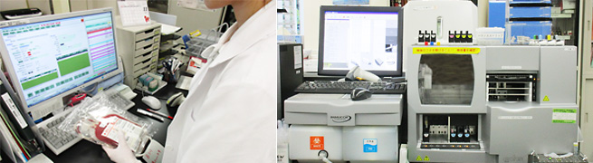 輸血検査の様子と検査機器