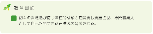 教育目的　個々の看護職が持つ潜在的な能力を開発し発展させ、専門職業人をして自己啓発できる看護職の育成を図る。