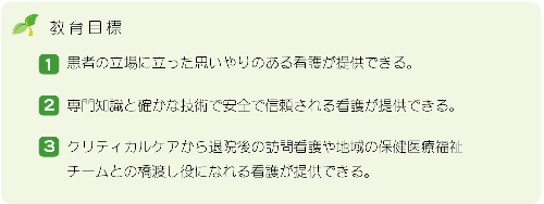 教育目標（1）患者の立場に立った思いやりのある看護が提供できる。（2）専門知識と確かな技術で安全で信頼される看護が提供できる。（3）クリティカルケアから退院後の訪問看護や地域の保健医療福祉チームとの橋渡し役になれる看護が提供できる。