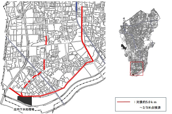 庄内処理場に接続する豊中市が管理する下水道管の位置図
