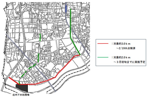 庄内処理場に接続する豊中市が管理する下水道管の位置図