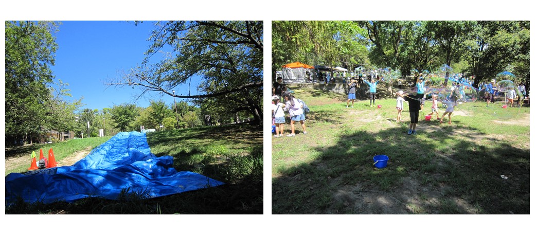 ウォータースライダー、シャボン玉の写真