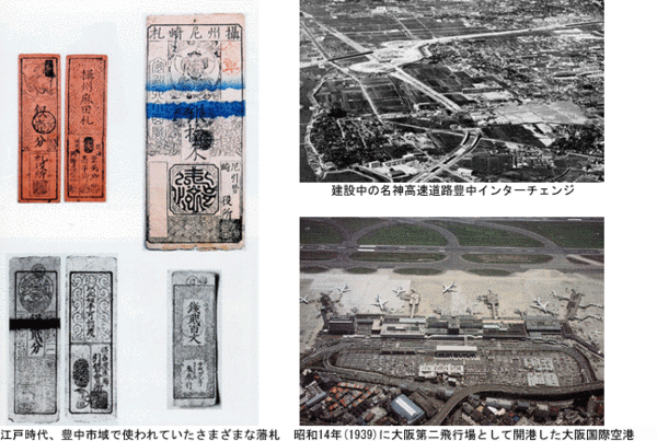 左　江戸時代豊中市域で使われていたさまざまな藩札　右上　建設中の名神高速道路豊中インターチェンジ　右下　昭和14年（1939）に大阪第二飛行場として開港した大阪国際空港