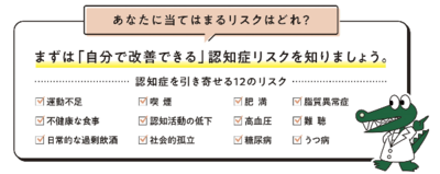 12のリスク因子の説明。運動不足、不健康な食事 、日常的な過剰飲酒、喫煙、認知活動の低下、社会的孤立、肥満 高血圧、糖尿病、脂質異常症、難聴、うつ病