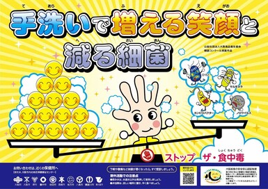 手洗いで増える笑顔と減る細菌の絵が描かれたポスター