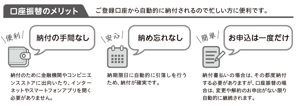 口座振替は納付の手間なし、納め忘れなし、お申込は一度だけ！