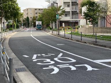 路面標示「ゾーン30プラス」の写真