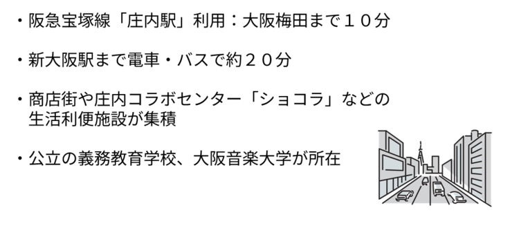 阪急宝塚線「庄内駅」利用で大阪梅田まで10分。　新大阪駅まで電車・バスで約20分 。　商店街や庄内コラボセンター「ショコラ」などの 生活利便施設が集積。　公立の義務教育学校や大阪音楽大学が所在。
